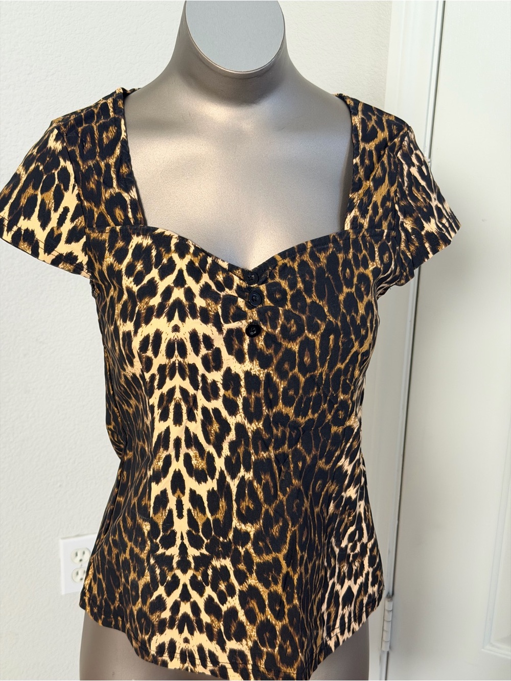 Killstar Leopard Print Sweetheart Neck Cap Sleeve Top - Black and Tan